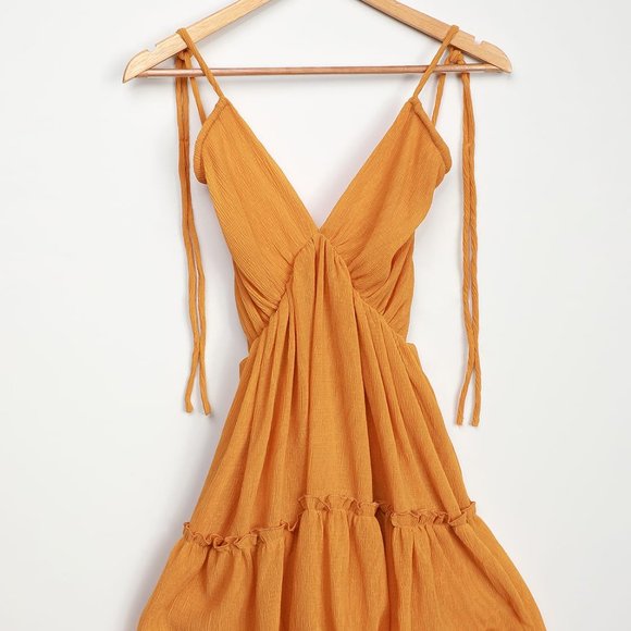 Lulus Sweet and Sunny Mustard Yellow Tiered Halter Babydoll Dress - Picture 4 of 9